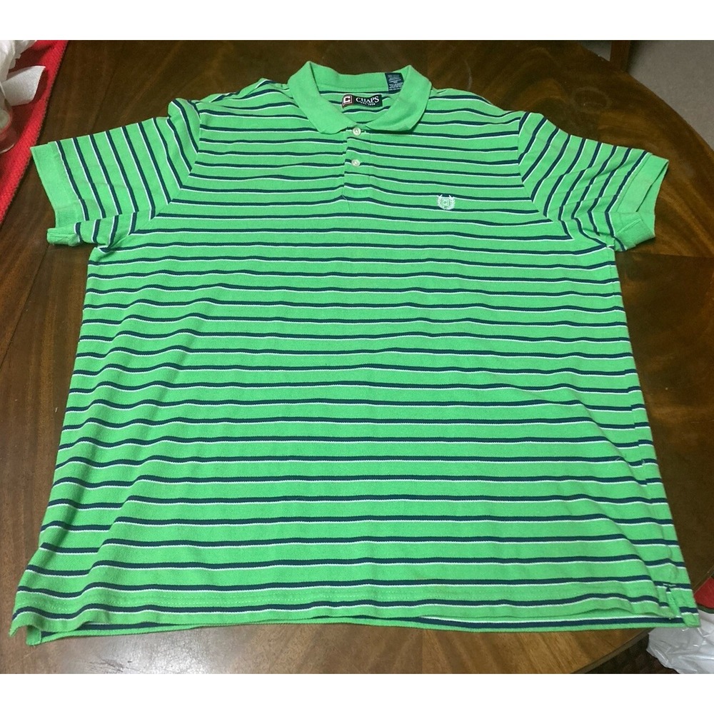 Chaps Polo Shirt Mens XL Green/Blue/White Striped Short Sleeve 100% Cotton